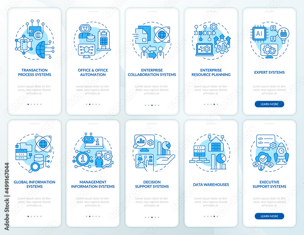 Poster information systems application blue onboarding mobile app screen set. walkthrough 5 steps graphic i