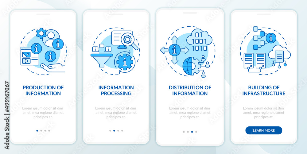 Poster tasks of information industry blue onboarding mobile app screen. walkthrough 4 steps graphic instruc