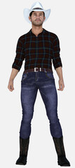 Denny is a hard-working rancher cowboy construction man - 3D illustrated male character render on an isolated white background. Denny has brown hair and brown eyes. 