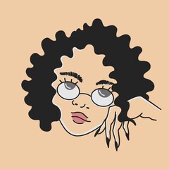 Portrait of a curly girl with glasses. Flat editable vector illustration, clip art. Flat design, hand drawn cartoon, vector illustration.