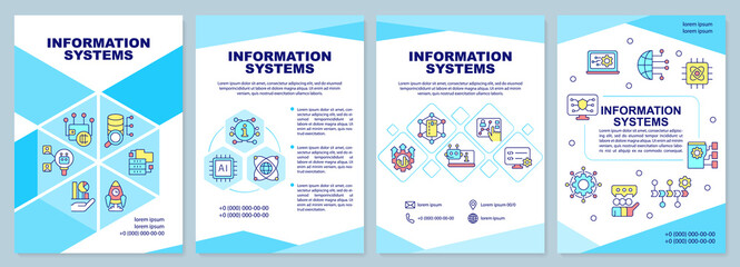 Naklejka premium Information systems blue brochure template. Digital data processing. Leaflet design with linear icons. 4 vector layouts for presentation, annual reports. Arial-Black, Myriad Pro-Regular fonts used
