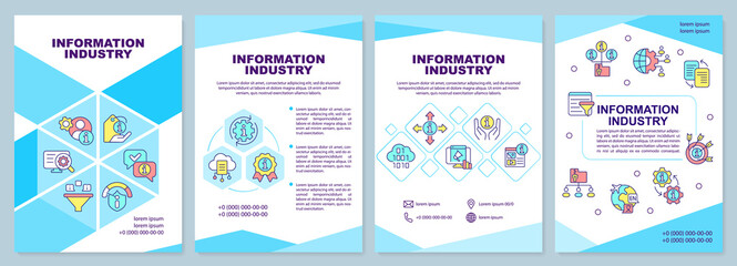 Information industry blue brochure template. Valuable info production. Leaflet design with linear icons. 4 vector layouts for presentation, annual reports. Arial-Black, Myriad Pro-Regular fonts used