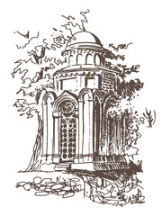 Hand drawn vintage ink and pen sketch landscape. Rotunda chapel in ancient Byzantine architectural style in Chernihiv city.Vector traced brown contour line on a white background