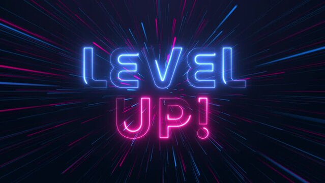 level up - neon text with neon lines animation.blue and pink color. Glowing Neon Lights concept.