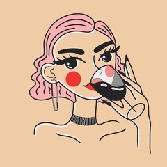 A girl with pink hair drinks wine. Flat design, hand drawn cartoon, vector illustration.
