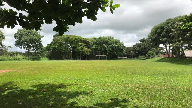 trave, campo, jogo, parque, jogar, bola, esporte, a&ccedil;&atilde;o, dia, passeio, feriado, folhas, gramado, grama, verde, preservar, eco, respons&aacute;vel, munic&iacute;pio