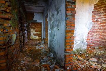 Fototapeta na wymiar old brick building ruin, dramatic abandoned architecture scene