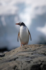 Gentoo penguin perches on rock turning head