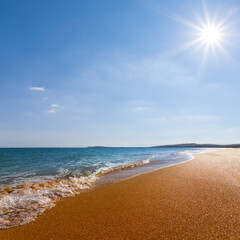 sandy sea beach at the hot summer sunny day, summer sea vacation scene