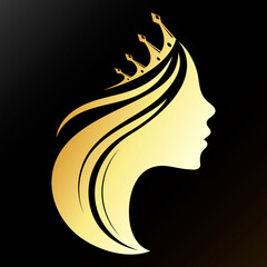 Golden silhouette of a girl with a crown. Symbol for stylist and hair salon © john1179