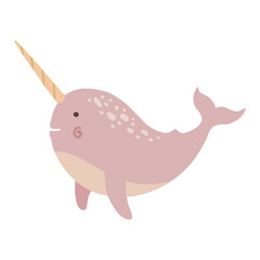 Vector isolated pink narwhal. Cute children illustration.