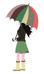 Standing girl in a skirt and galoshes with a colorful umbrella in the vector