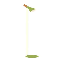 Green floor lamp for the living room on a straight stand. A modern lamp for the bedroom, living room or desktop. Flat design, hand drawn cartoon, vector illustration.