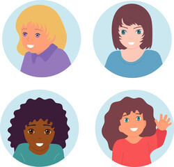 Avatar four children, boys and girls, smile. Vector isolated.