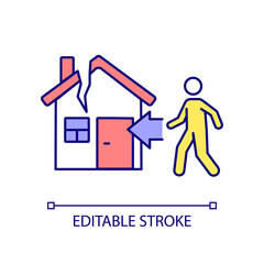 Returning to damaged home RGB color icon. Homeowner of broken building. Natural disaster result. Isolated vector illustration. Simple filled line drawing. Editable stroke. Arial font used