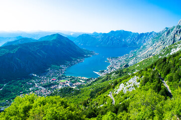 Beautiful top view to Boka Kotorska Bay and and the surrounding mountains. Adriatic Sea. Dalmatia. Balkan. Montenegro.