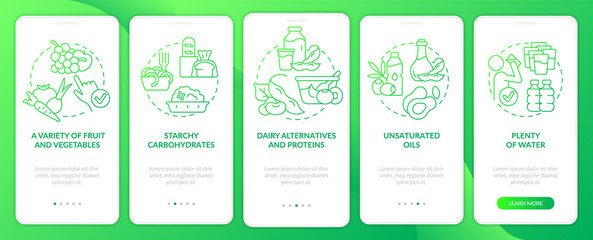 Fototapeta na wymiar Tips for vegan lifestyle green gradient onboarding mobile app screen. Walkthrough 5 steps graphic instructions pages with linear concepts. UI, UX, GUI template. Myriad Pro-Bold, Regular fonts used
