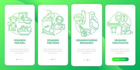 Vegan lifestyle for everyone green gradient onboarding mobile app screen. Walkthrough 4 steps graphic instructions pages with linear concepts. UI, UX, GUI template. Myriad Pro-Bold, Regular fonts used
