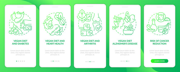 Vegan diet and illnesses green gradient onboarding mobile app screen. Walkthrough 5 steps graphic instructions pages with linear concepts. UI, UX, GUI template. Myriad Pro-Bold, Regular fonts used