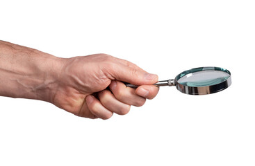 Man hand with magnifying glass isolated on white background. Audit, data analysis, conducting...