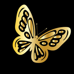 golden butterfly silhouette, on black background isolated vector