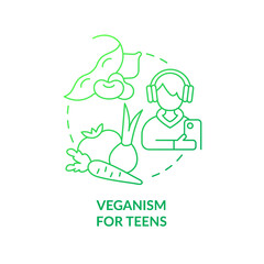 Veganism for teens green gradient concept icon. Essential nutrients for teenagers. Vegan lifestyle abstract idea thin line illustration. Isolated outline drawing. Myriad Pro-Bold font used