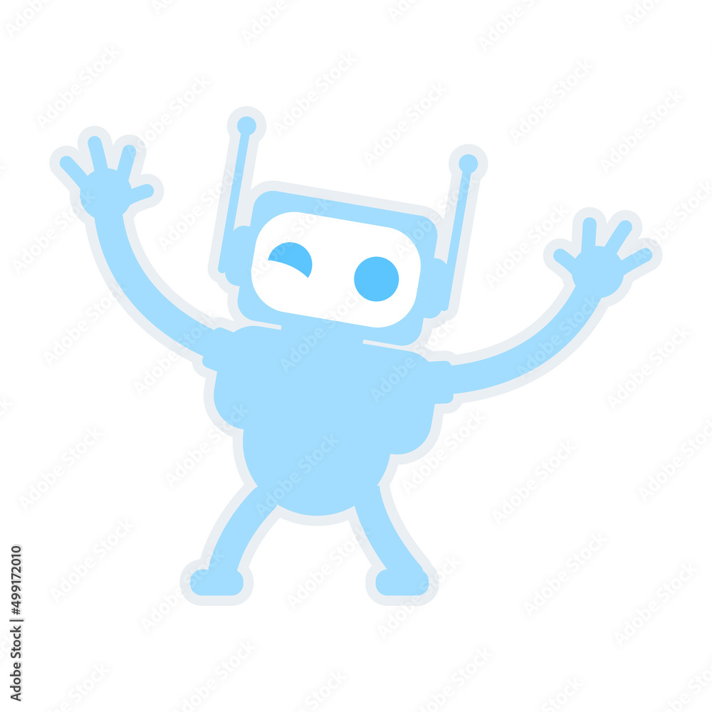 Poster winking robot with open arms semi flat color vector character. posing figure. positive hero. full bo