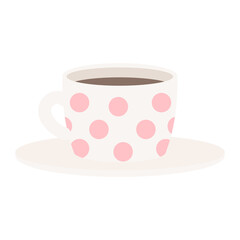 Ceramic cup with saucer semi flat color vector object. Full sized item on white. Polka dot dinnerware. Ceramic coffee mug. Simple cartoon style illustration for web graphic design and animation