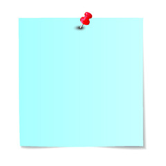 Blue paper note with red pushpin isolated on a white background