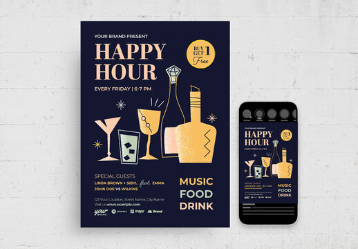 Retro Happy Hour Cocktail Bar Flyer Poster Layout