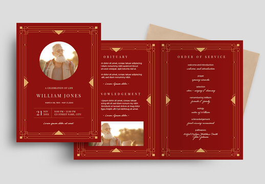 Red Gold Funeral Program Obituary Brochure Layout
