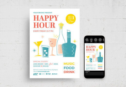 Retro Happy Hour Cocktail Bar Flyer Poster with Mid Century Style