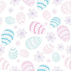 Vector seamless pattern for happy Easter day with decorative hand drawn eggs and flowers in pastel colors for fabric print, textilex wrapping paper