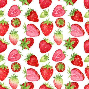 Summer watercolor  seamless pattern with strawberry