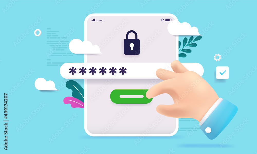 Aufkleber Login screen with password protection - Tablet with hand trying to log in on private web site. Security and authorisation concept, vector illustration