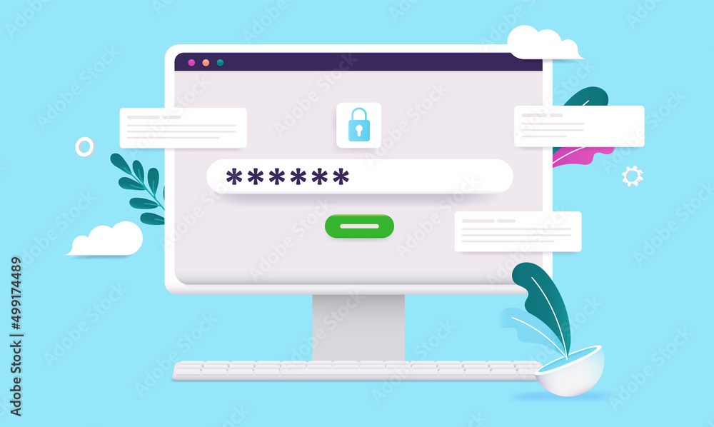 Poster Password protection computer - Desktop with locked login screen and hidden password. Cartoon style semi flat design vector illustration