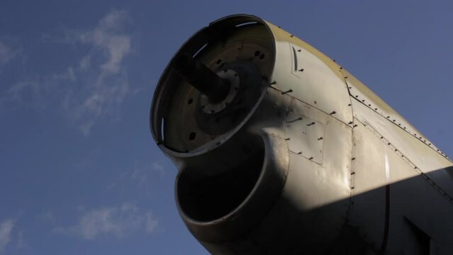 Dismantled Turbine Engine of an Old Military Cargo Aircraft. Close Up. 