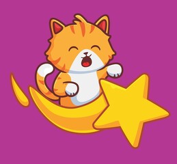cute cat ride the falling star meteor. isolated cartoon animal illustration. Flat Style Sticker Icon Design Premium Logo vector. Mascot Character