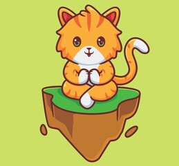 cute cat meditation on floating ground. isolated cartoon animal illustration. Flat Style Sticker Icon Design Premium Logo vector. Mascot Character