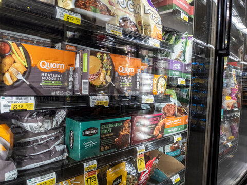 Woodinville, WA USA - circa April 2022: Angled view of vegetarian and vegan meatless products for sale in the freezer aisle of a Haggen grocery store