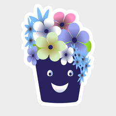 Floral arrangement sticker. Design element Bouquet of flower. Different flowers in pot Card or postcard template  Vector kawaii illustration Isolated on grey background