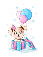 Cartoon little puppy sitting in a gift box with balloons