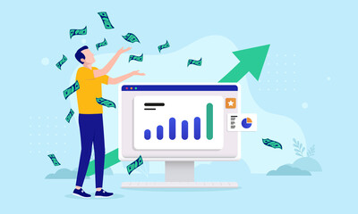 Online income - Casual man making money on computer throwing paper bills in air and celebrating profits. Vector illustration
