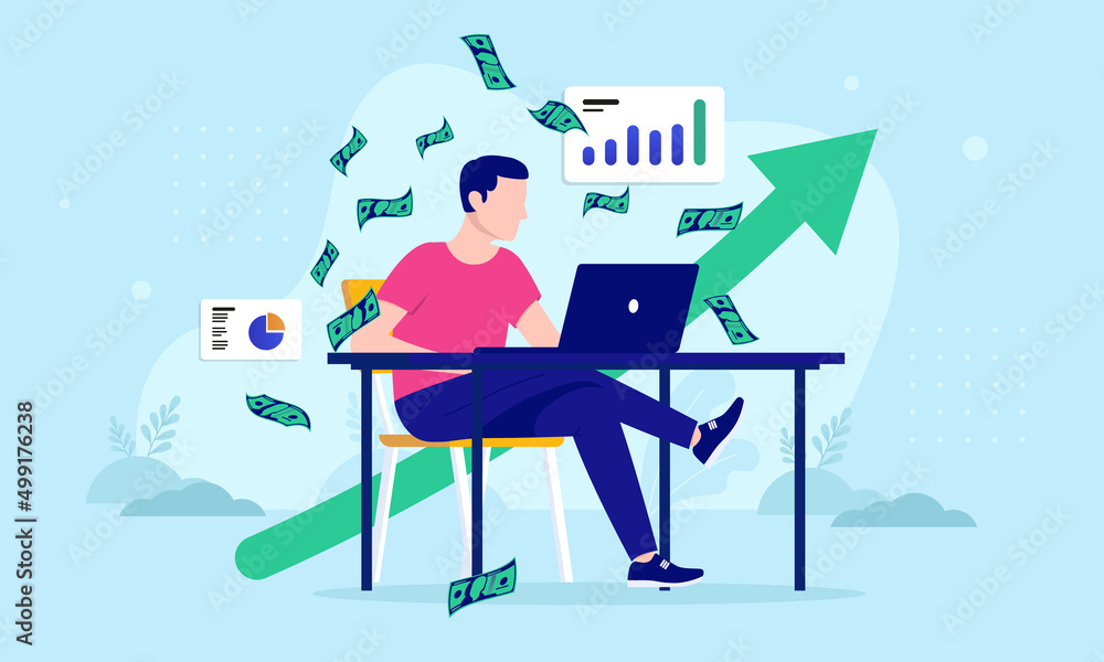 Aufkleber freelancer making money - man with laptop computer working alone with green rising arrow and paper m