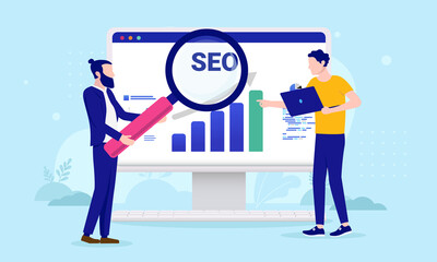 SEO research - Two people researching analytics charts and doing search engine optimisation. Flat design vector illustration