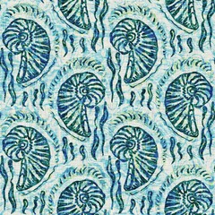 Aegean Teal seashell nautical sealife seamless pattern. Grunge distress faded linen effect background for marine home decor fabric textiles. 