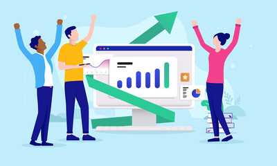 Digital growth - Business people cheering over positive graph pointing upwards on computer to online success. Flat design vector illustration