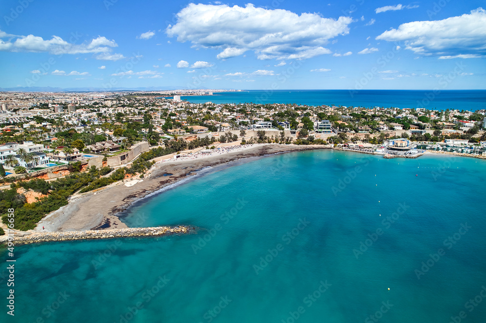 Poster aerial drone point of view cabo roig coastline. spain