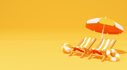 Two beach chairs with parasol on orange summer background. 3D Rendering - obrazy, fototapety, plakaty