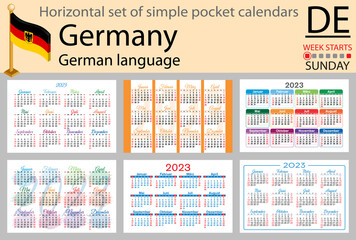 German horizontal pocket calendar for 2023. Week starts Sunday